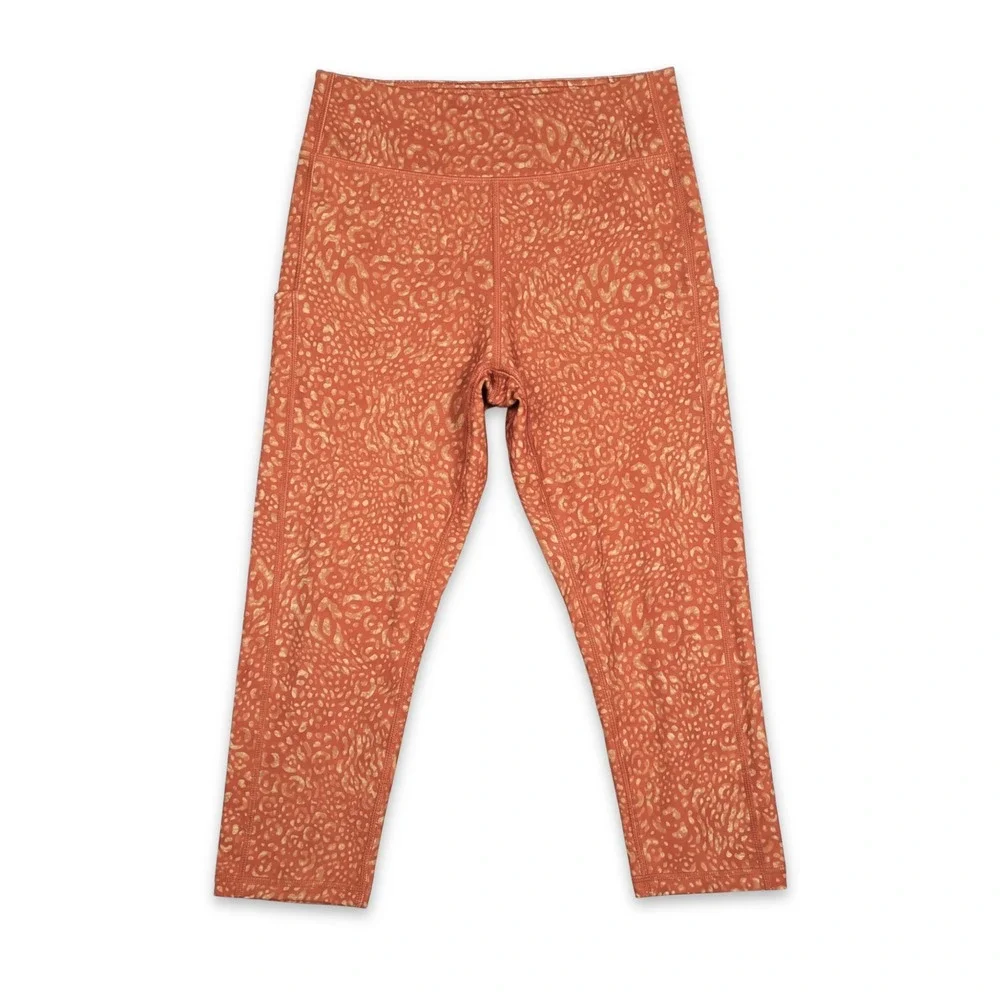 Tek Gear Leggings Women Large Orange Animal Print Capri Workout Gym Yoga Pocket